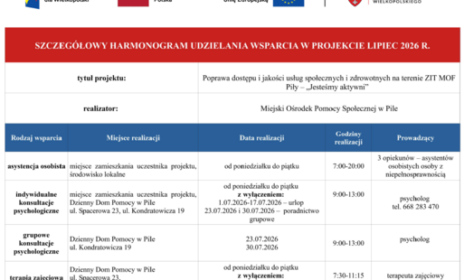 Zdjęcie do Harmongram wsparcia w ramach projektu ZIT MOF Piły &bdquo;Jesteśmy aktywni&rdquo; /LIPIEC 2026/