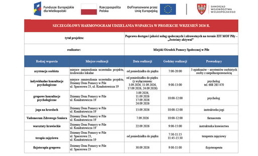 Zdjęcie do Harmongram wsparcia w ramach projektu ZIT MOF Piły &bdquo;Jesteśmy aktywni&rdquo; /WRZESIEŃ 2026/