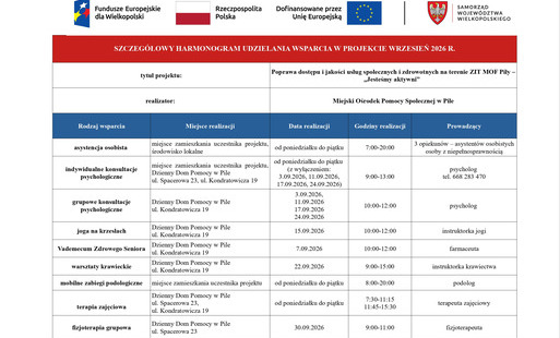Zdjęcie do Aktualizacja harmongramu wsparcia w ramach projektu ZIT MOF Piły &bdquo;Jesteśmy aktywni&rdquo; /WRZESIEŃ 2026/