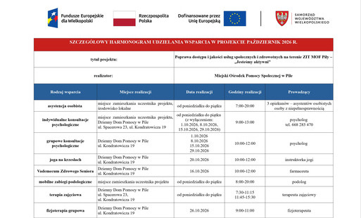 Zdjęcie do Aktualizacja harmongramu wsparcia w ramach projektu ZIT MOF Piły &bdquo;Jesteśmy aktywni&rdquo; /PAŹDZIERNIK 2026/