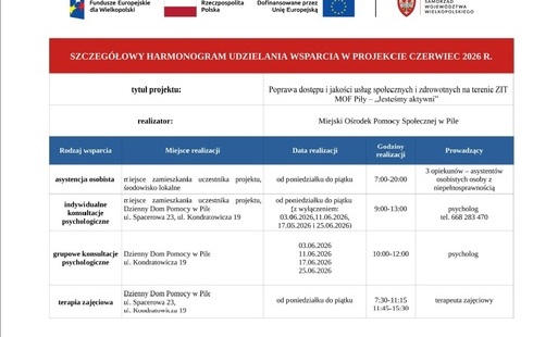 Zdjęcie do Harmongram wsparcia w ramach projektu ZIT MOF Piły &bdquo;Jesteśmy aktywni&rdquo; /CZERWIEC 2026/