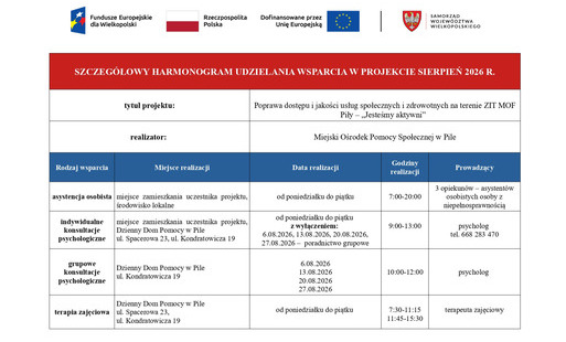 Zdjęcie do Harmongram wsparcia w ramach projektu ZIT MOF Piły &bdquo;Jesteśmy aktywni&rdquo; /SIERPIEŃ 2026/